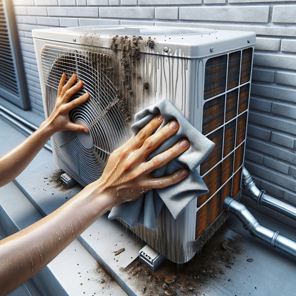 Reinigung des Außengerätes einer Klimaanlage von groben Schmutz